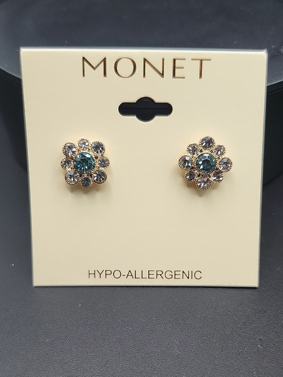Monet Jewelry - Monet Gold Flower Stud Earrings with Teal and Clear Crystals
